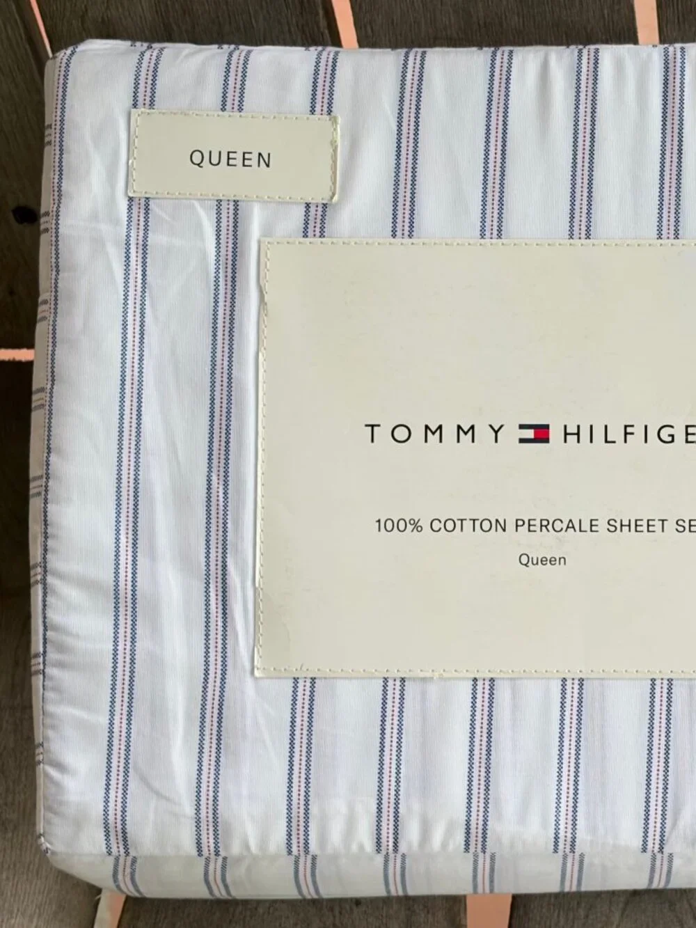 Tommy Hilfiger Queen Size Cotton Percale Sheet Set Joshua Tree Stripe Red Blue